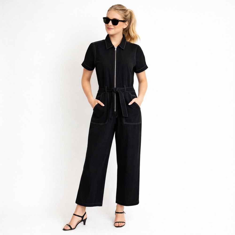 Reformation Jeans Cassidy Denim Jumpsuit 8 Black Wide Leg Short Sleeve Pockets